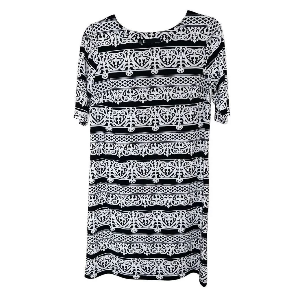 Leslie Fay Black & White Ornate Patterned Straight Sheath Dress Women’s Size 12